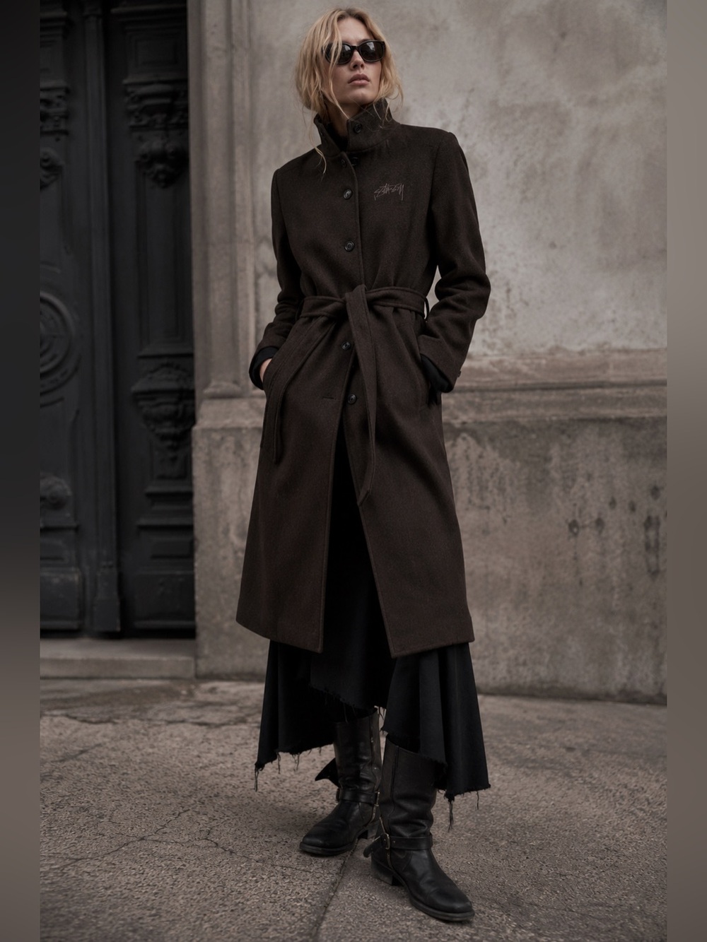 Stüssy Women’s Wool Blend Long Coat Brown High Collar Belted Size Large